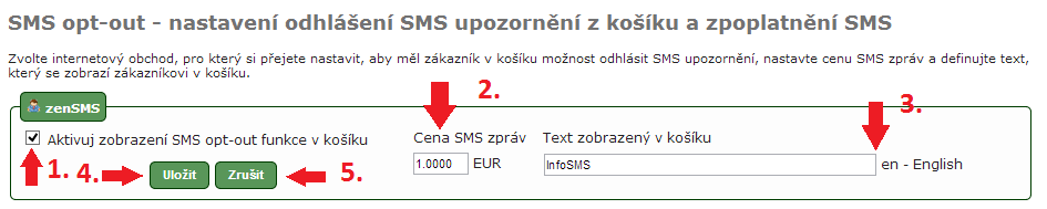 Aktivace SMS opt-out / nastavení ceny SMS zprávy / text v košíku